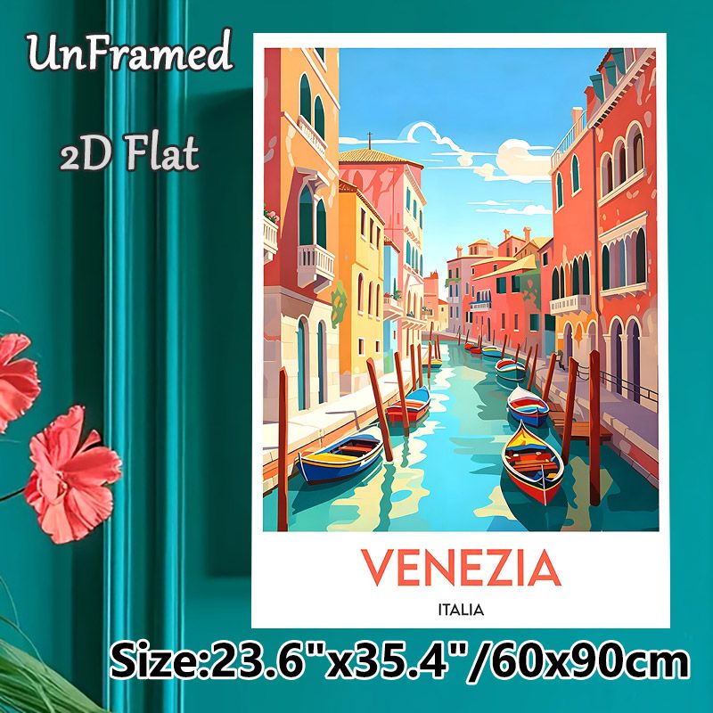 Venice Canal Themed Painting Poster, Vibrant Flat-style Colorful Waterway With Boats & Mediterranean Buildings Poster, Brings Warm Travel-inspired_maomaolike.com