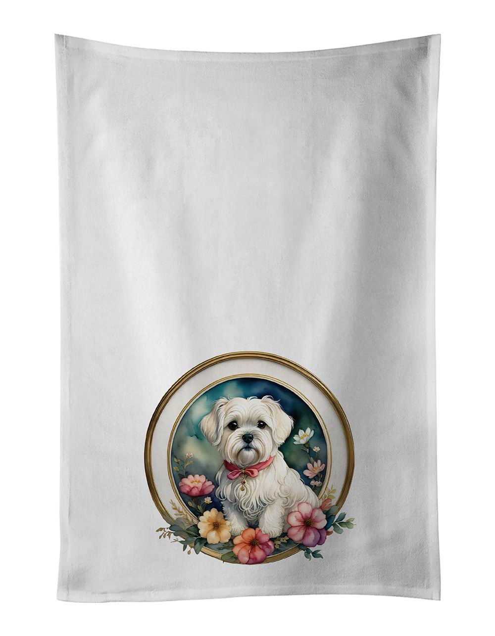 Maltese And Flowers Kitchen Towel Set Of 2 White Dish Towels Decorative Bathroom Hand Towel For Hand, Face, Hair, Yoga, Tea, Dishcloth, 19 X 28", White_maomaolike.com