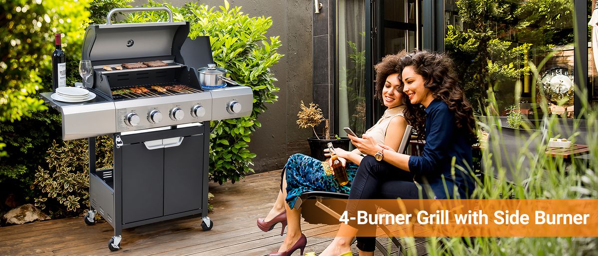 Propane Grill 4 Burner Barbecue Grill Stainless Steel Gas Grill With Side Burner And Cover For Outdoor BBQ, Camping_maomaolike.com