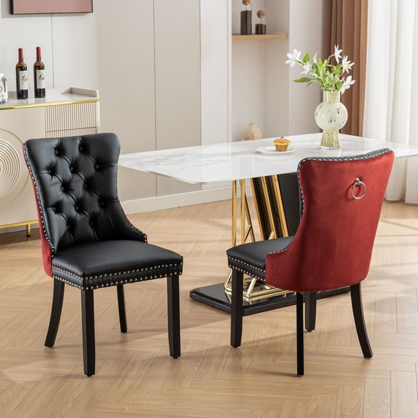 A&A Furniture Nikki Collection Modern Tufted Solid Wood Dining Chair Set, Velvet And PU Upholstered With Nailhead Trim, Black & Wine Red, 2-Piece Set_maomaolike.com