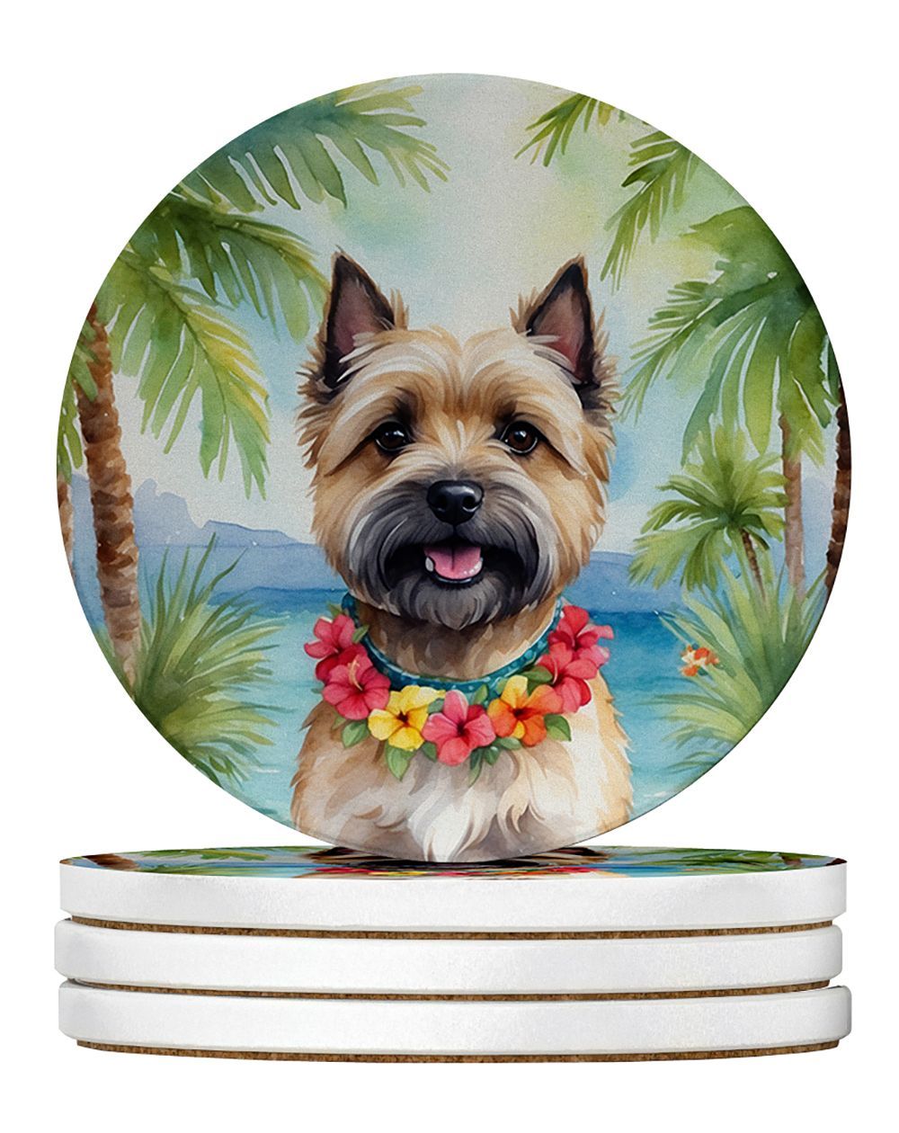 Cairn Terrier Luau Large Sandstone Coasters Pack Of 4 Absorbent Round Coasters Decor Gifts For Men Or Women, 4 In, Multicolor_maomaolike.com