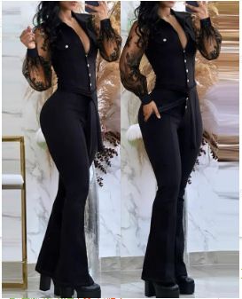 Women's Clothing elegant mesh sleeves V neck button pockets high waist lace up solid color slim jumpsuit_maomaolike.com