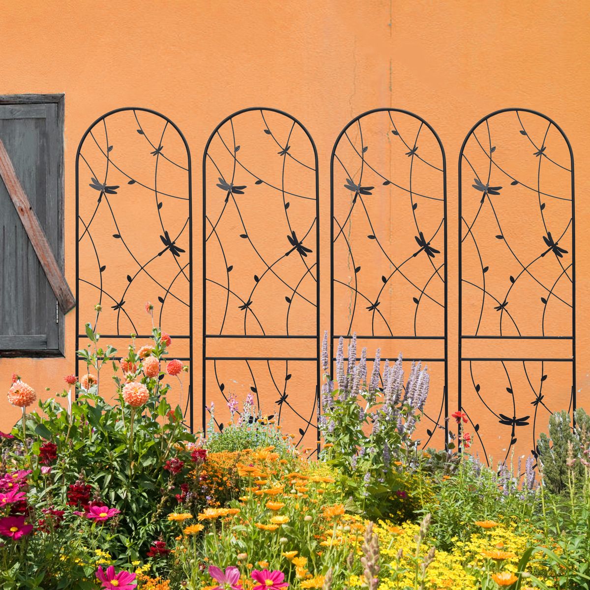 4 Pack Metal Garden Trellis 86.7" X 19.7" Rustproof Trellis For Climbing Plants Outdoor Flower Support Dragonfly Deco Black_maomaolike.com