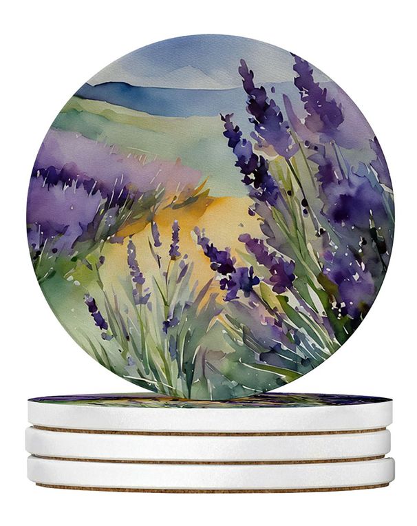 Lavender In Watercolor Large Sandstone Coasters Pack Of 4 Absorbent Round Coasters Decor Gifts For Men Or Women, 4 In, Multicolor_maomaolike.com