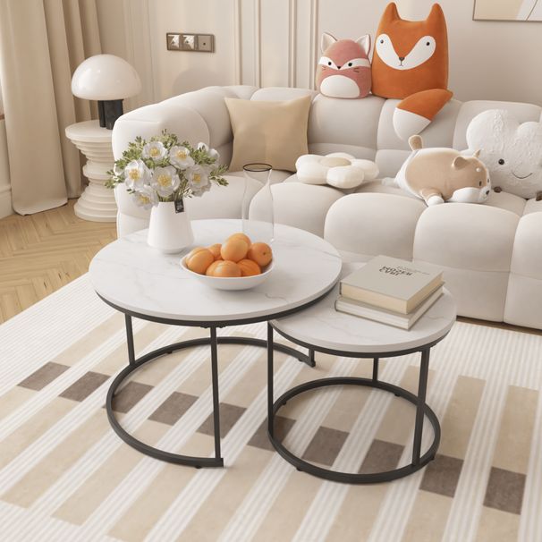 Nesting Coffee Table Set Of 2, 27.6inch Round Coffee Table Industrial Wood Finish With Sturdy Metal Frame, End Table Side Tables For Living Room Bedroom Balcony Yard_maomaolike.com