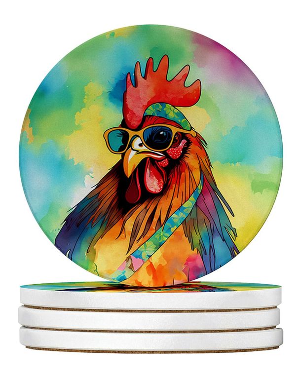 Hippie Animal Rooster Large Sandstone Coasters Pack Of 4 Absorbent Round Coasters Decor Gifts For Men Or Women, 4 In, Multicolor_maomaolike.com