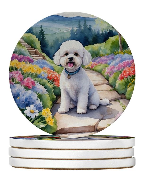 Bichon Frise Spring Path Large Sandstone Coasters Pack Of 4 Absorbent Round Coasters Decor Gifts For Men Or Women, 4 In, Multicolor_maomaolike.com