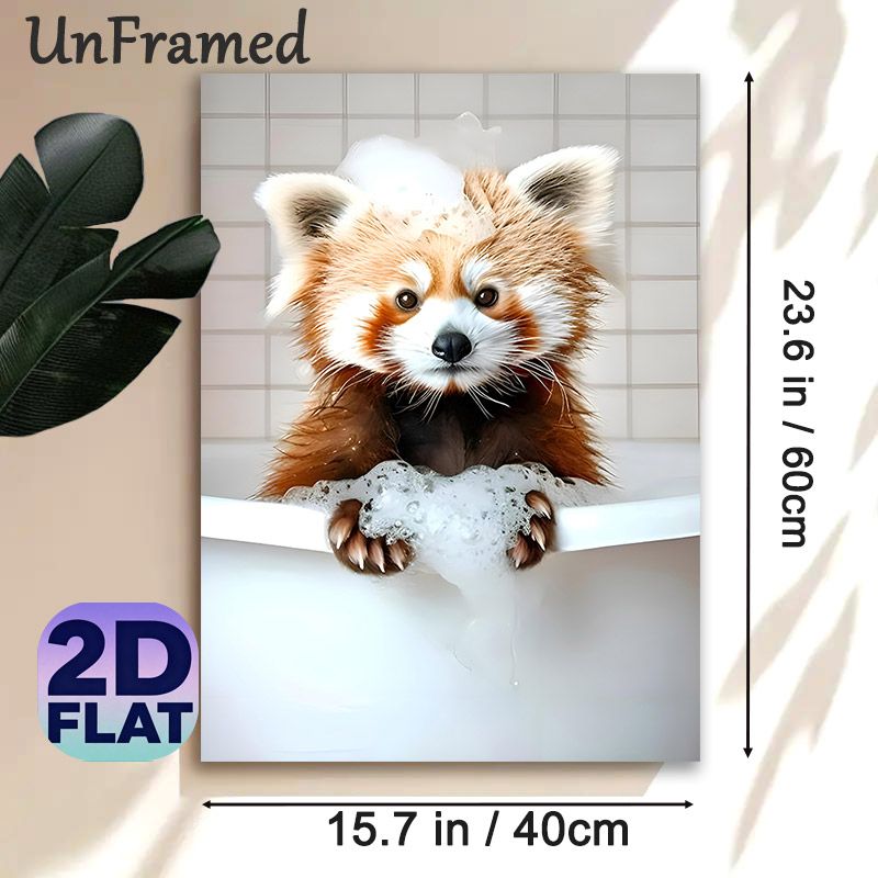 Red Panda Bathing Painting Poster, Cute Realistic Fluffy Red Panda With Bath Bubbles In Bathtub Poster, Brings Playful Warm Ambiance, Ideal For_maomaolike.com