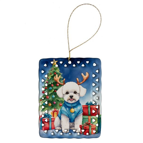 Bichon Frise Christmas Reindeer Porcelain Ornament Christmas Tree Hanging Decorations For Home Christmas Holiday, Rectangle, Gift, Multicolor_maomaolike.com