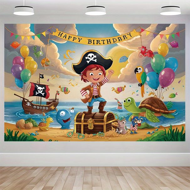 Pirate Birthday Party Banner - 2D Flat Polyester Backdrop With Sailboats, Balloons, Wall Hanging Photo Props, Party Decor_maomaolike.com