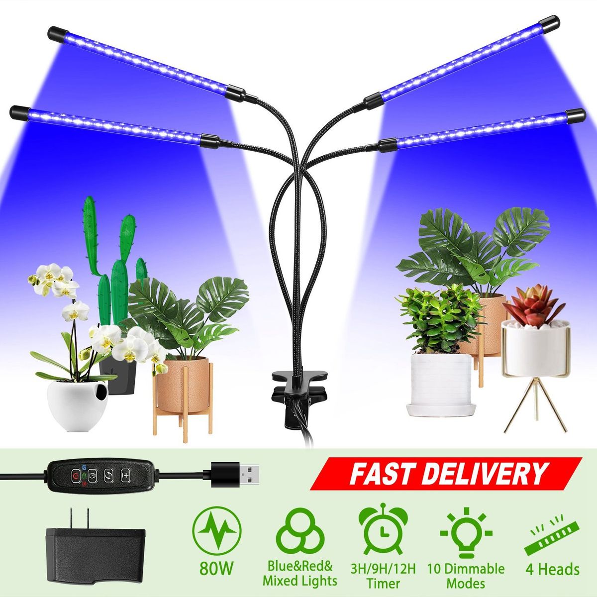 Grow Lights For Indoor Plants, IMounTEK 80W 80 LEDs Plant Lights With Red Blue Full Spectrum 10 Dimmable Level 360°Adjustable Gooseneck 3/6/12H Timer Grow Lamp For Succulent Plants Growth_maomaolike.com