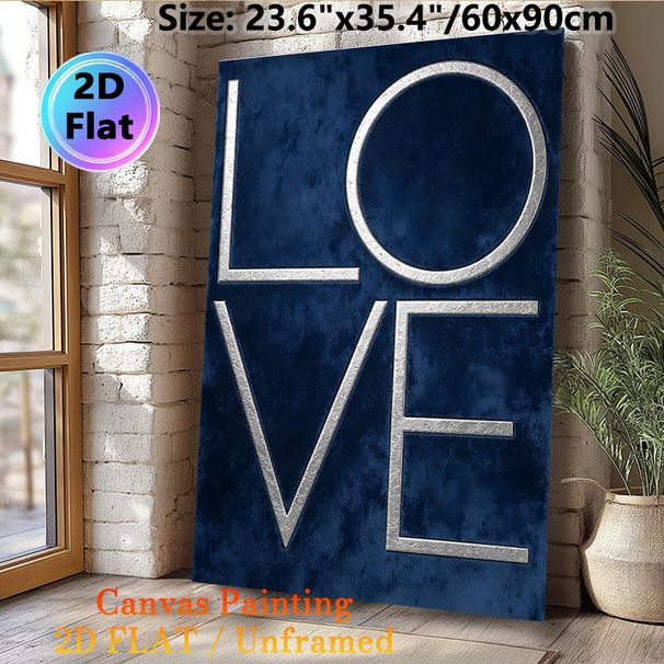 Love Themed Painting Poster, Dark Blue Textured With Crackled Metallic Silver Typography Poster, Sleek Minimalist Design, Ideal For Bedroom, Living_maomaolike.com