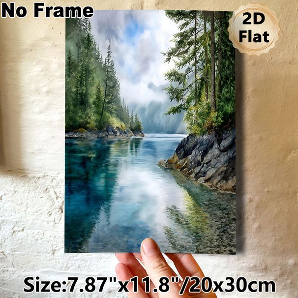 Forest Lake Landscape Painting Poster, Serene Watercolor Nature Scene Poster, Misty Mountain, Lush Evergreens & Clear Lake Design Brings Tranquil_maomaolike.com