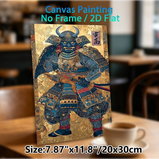 Oni Samurai Painting Poster, Vintage Traditional Japanese Style Poster, Detailed Armored Horned Oni Samurai With Golden Swirling Patterns, Cultural_maomaolike.com