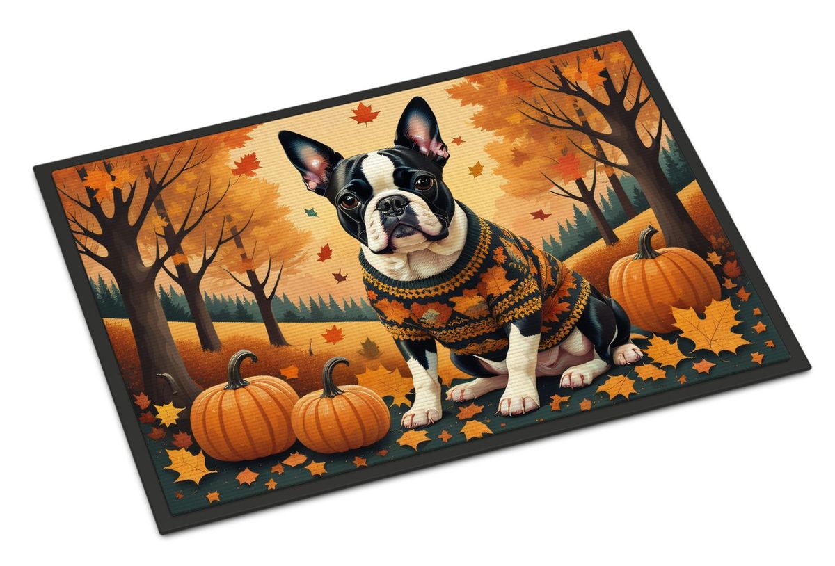Boston Terrier Fall Doormat Front Door Mat Indoor Outdoor Rugs For Entryway, Non Slip Washable Low Pile, 24H X 36W_maomaolike.com