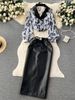 Women's Clothing collar floral chiffon shirt high waist tight PU leather skirt female high end outfit two piece suit_maomaolike.com