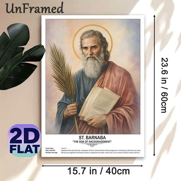 St. Barnabas Religious Painting Poster, Realistic Soft-toned Portrait Of The Apostle With Halo, Palm Frond And Book Poster, Inspirational Spiritual_maomaolike.com