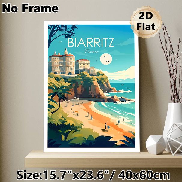 Biarritz France Coastal Painting Poster, Vibrant Retro Travel Style Poster, Scenic Beach With Cliff-top Buildings Design, Ideal For Living Room_maomaolike.com