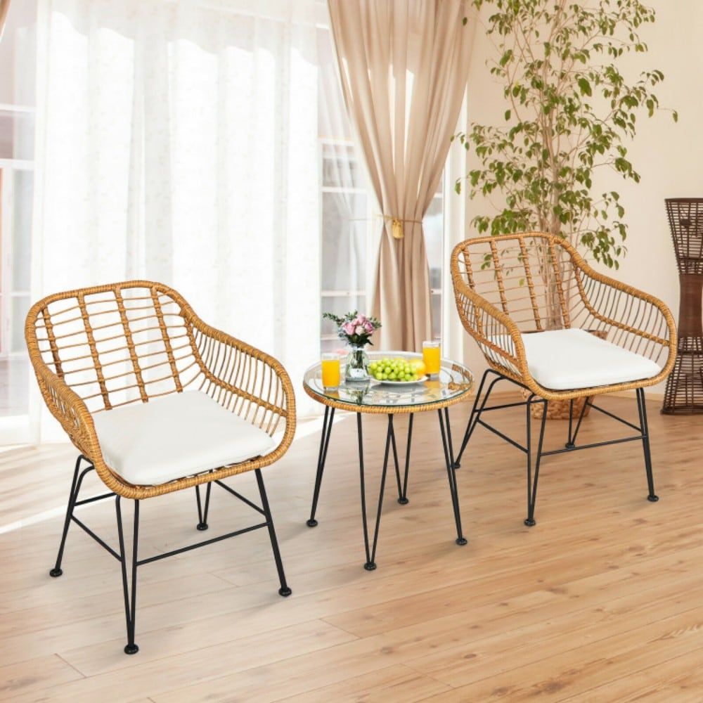 3 Pieces Rattan Furniture Set With Cushioned Chair Table_maomaolike.com