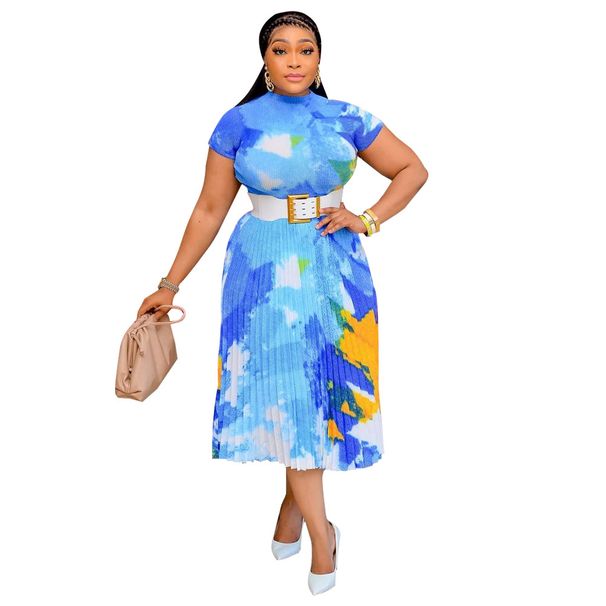 Women's Clothing round neck short sleeve printed pleated skirt suit_maomaolike.com