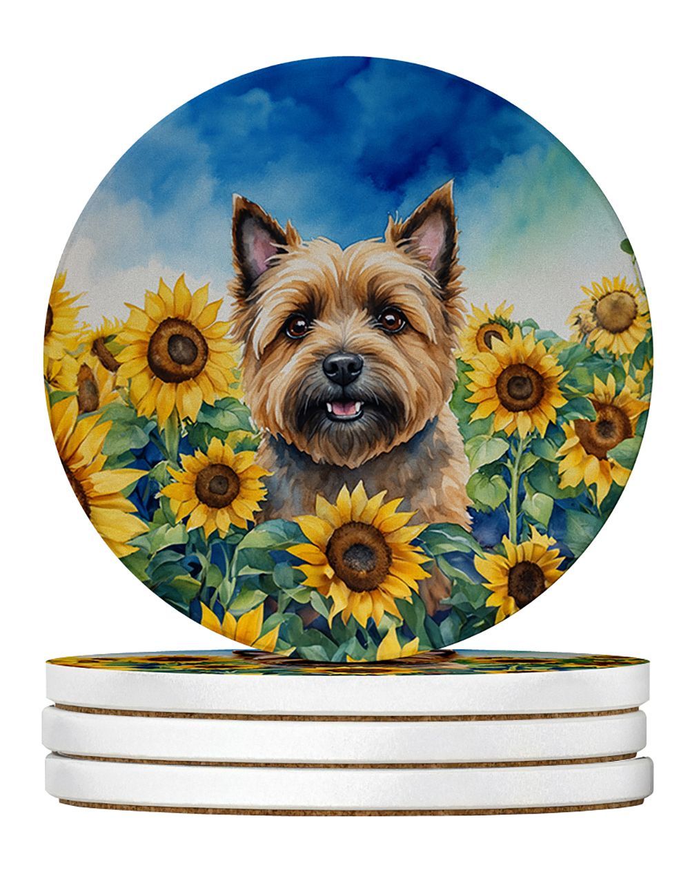 Cairn Terrier In Sunflowers Large Sandstone Coasters Pack Of 4 Absorbent Round Coasters Decor Gifts For Men Or Women, 4 In, Multicolor_maomaolike.com