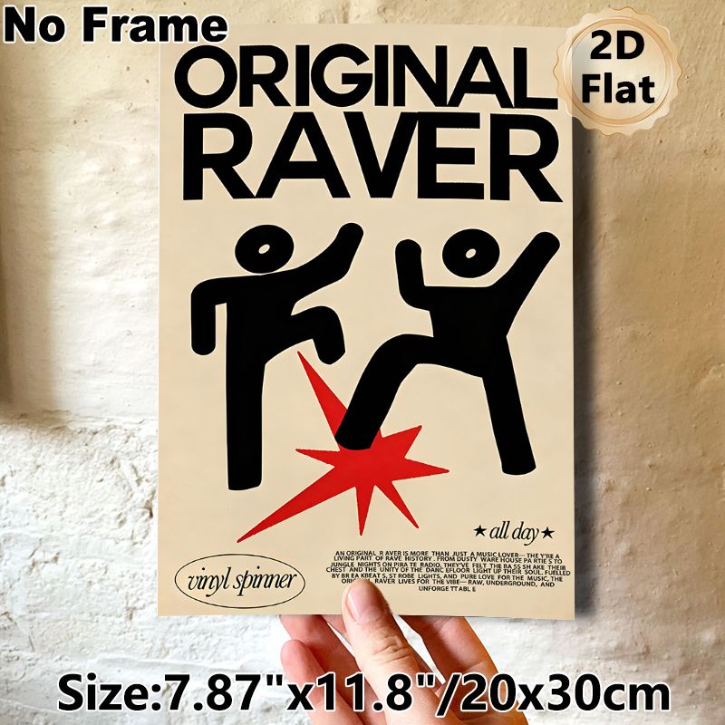 Original Raver Painting Poster, Bold Minimalist Graphic Poster, Retro Rave Culture Design With Dancing Figures, Ideal For Bedroom, Music Studio And_maomaolike.com