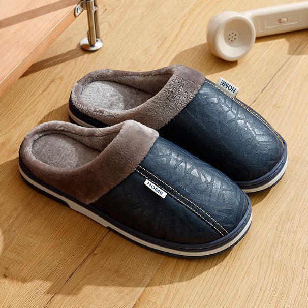 Pu Leather Big Sizes Men Slippers Indoor Fur Flat Men's Winter Home Slipper Cotton Bedroom House Shoes_maomaolike.com