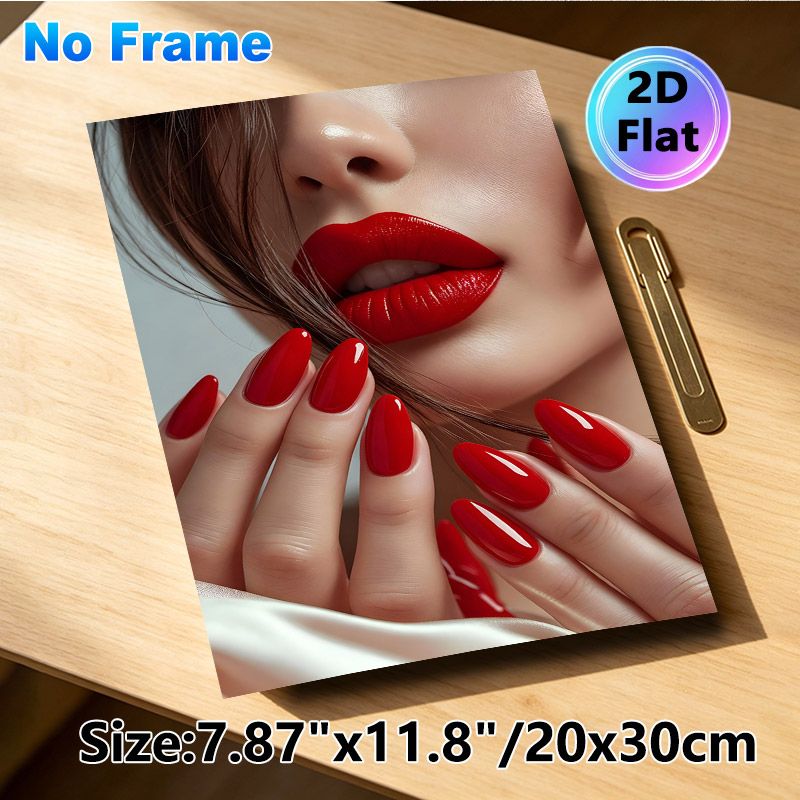 Red Lip & Nail Glam Painting Poster, Glossy Elegant Close-up Of Matching Red Lips And Manicure Poster, Stylish Glamorous Decor Suitable For Beauty_maomaolike.com