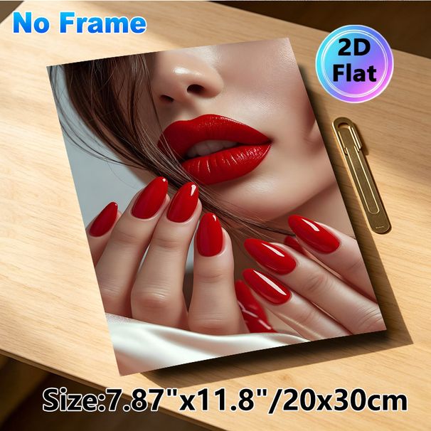 Red Lip & Nail Glam Painting Poster, Glossy Elegant Close-up Of Matching Red Lips And Manicure Poster, Stylish Glamorous Decor Suitable For Beauty_maomaolike.com