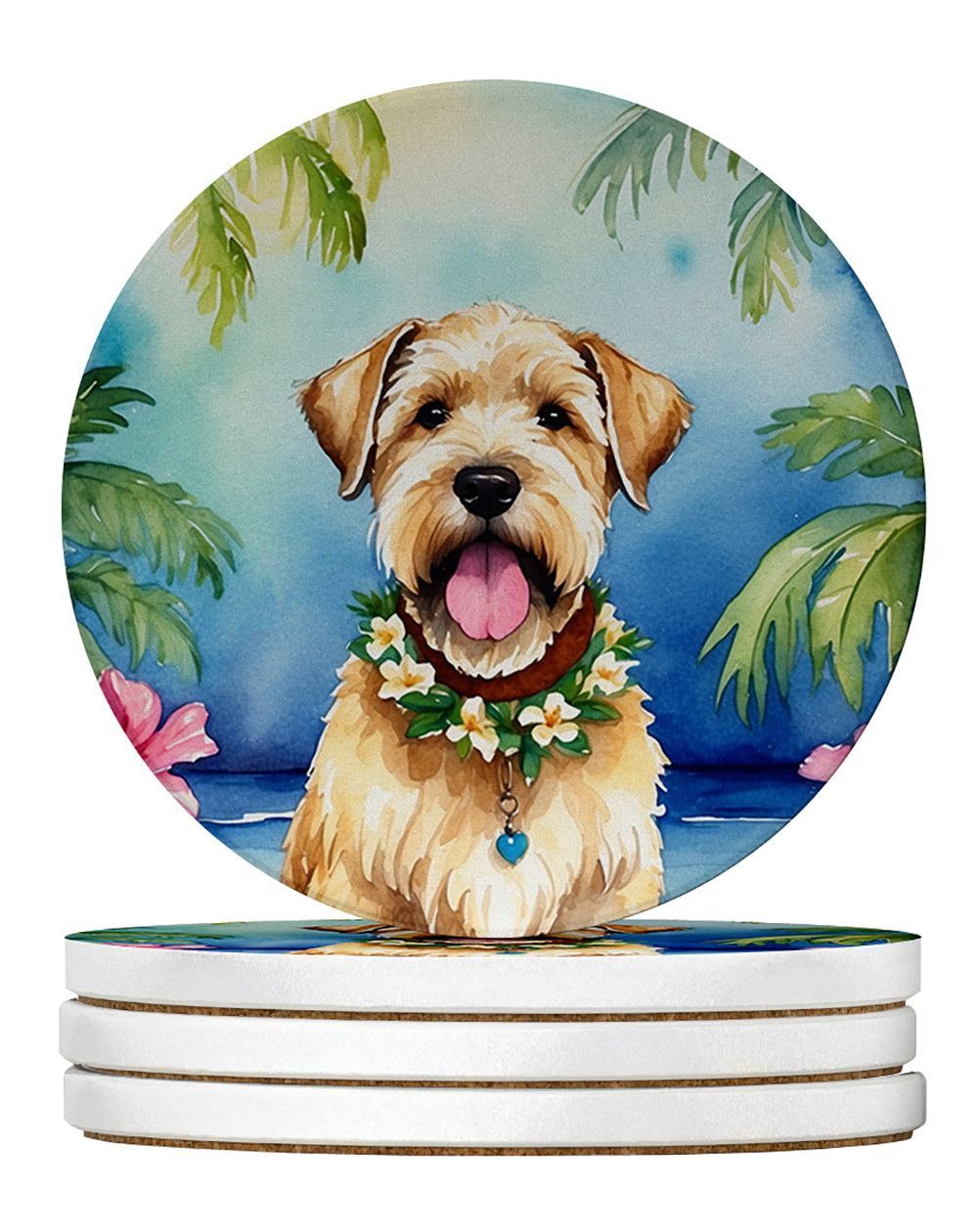 Wheaten Terrier Luau Large Sandstone Coasters Pack Of 4 Absorbent Round Coasters Decor Gifts For Men Or Women, 4 In, Multicolor_maomaolike.com