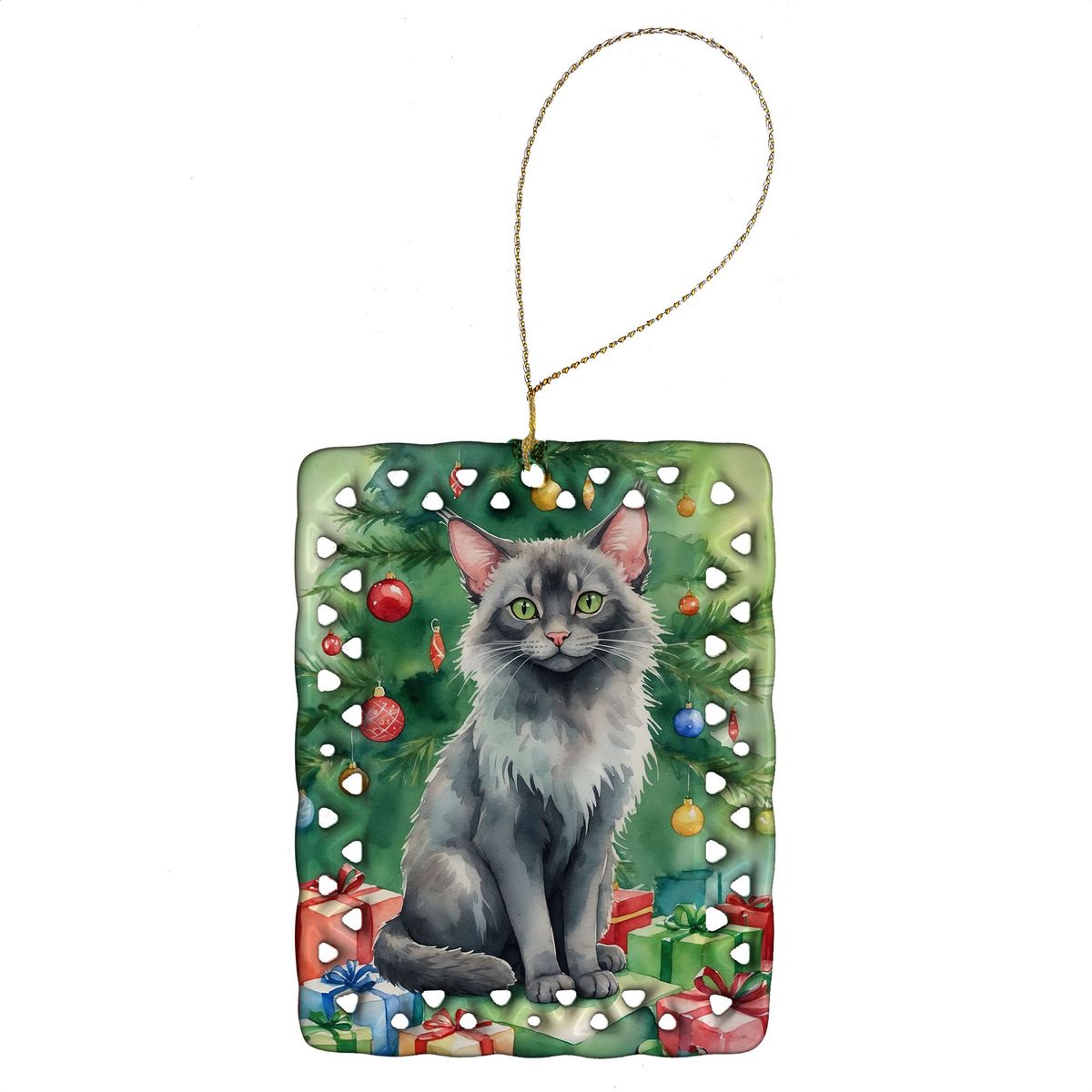 Lykoi Cat By The Christmas Tree Porcelain Ornament Christmas Tree Hanging Decorations For Home Christmas Holiday, Rectangle, Gift, Multicolor_maomaolike.com