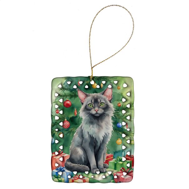 Lykoi Cat By The Christmas Tree Porcelain Ornament Christmas Tree Hanging Decorations For Home Christmas Holiday, Rectangle, Gift, Multicolor_maomaolike.com