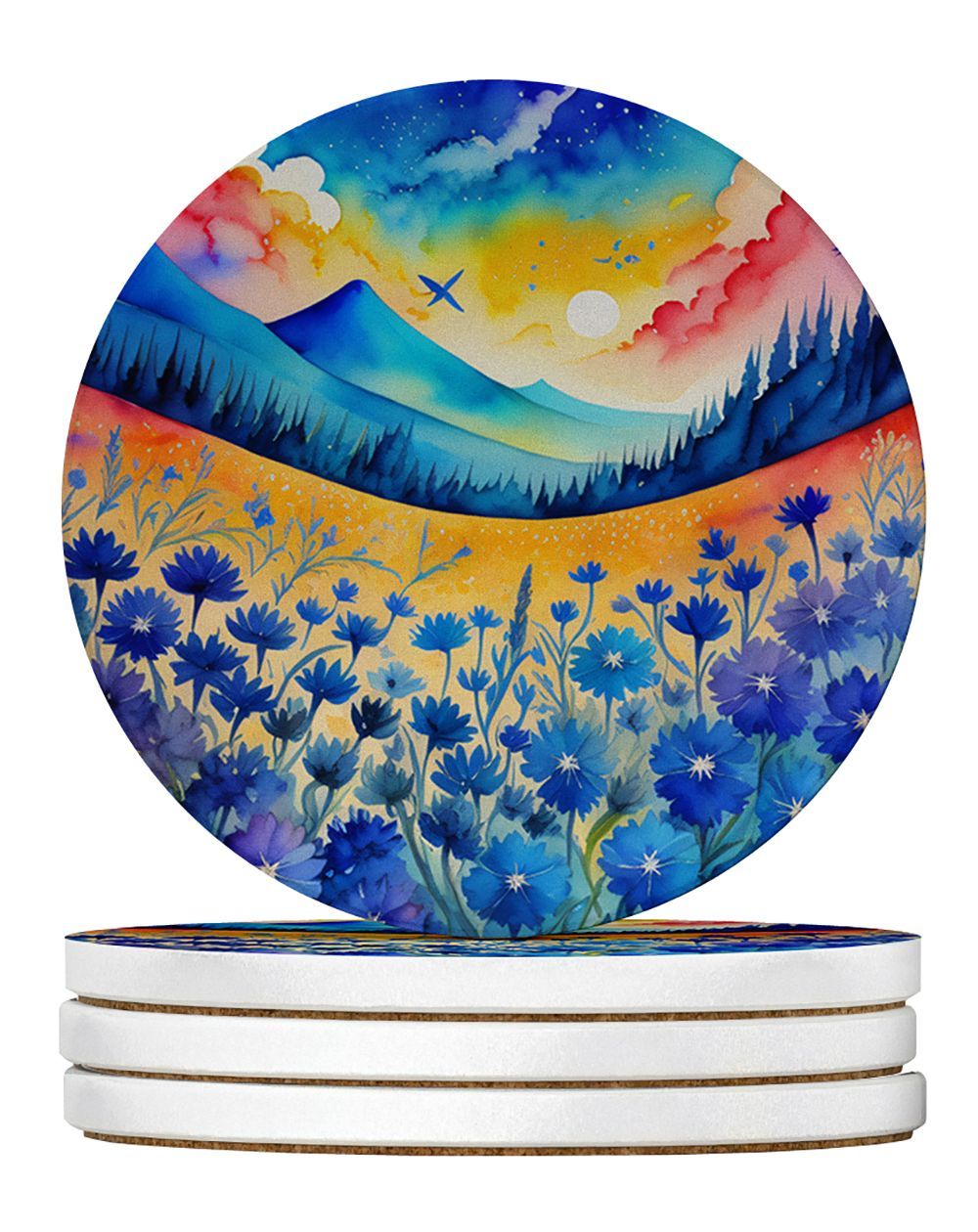 Colorful Blue Cornflowers Large Sandstone Coasters Pack Of 4 Absorbent Round Coasters Decor Gifts For Men Or Women, 4 In, Multicolor_maomaolike.com