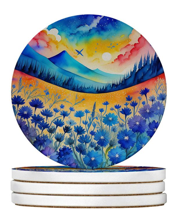 Colorful Blue Cornflowers Large Sandstone Coasters Pack Of 4 Absorbent Round Coasters Decor Gifts For Men Or Women, 4 In, Multicolor_maomaolike.com