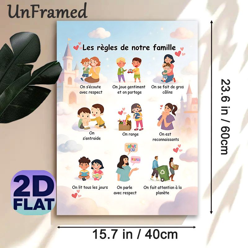 Family Rules Painting Poster, Colorful Cartoon-style Poster, Presents Kind Family Conduct Guidelines, Suitable For Home Spaces_maomaolike.com