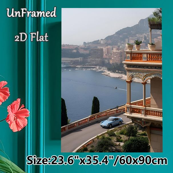 Coastal City & Vintage Car Painting Poster, Serene Scenic Bay & Ornate Architecture Poster, Elegant Coastal Urban Landscape Adds Tranquil Vibe, Ideal_maomaolike.com