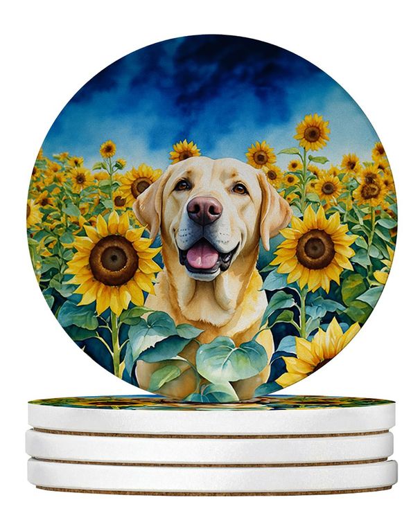 Labrador Retriever In Sunflowers Large Sandstone Coasters Pack Of 4 Absorbent Round Coasters Decor Gifts For Men Or Women, 4 In, Multicolor_maomaolike.com