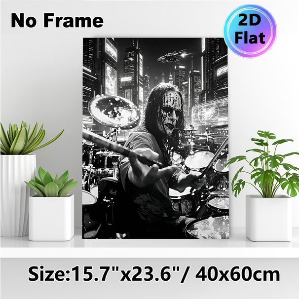 Cyberpunk Metal Drummer Painting Poster, Monochrome Cyberpunk City Scene Poster, Dynamic Music-themed Decor Suitable For Music Studios, Living Rooms_maomaolike.com