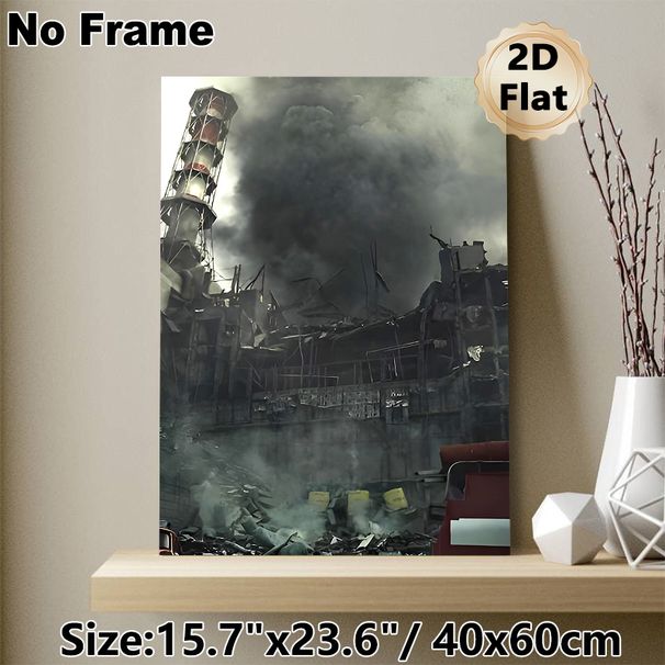 Industrial Ruin Painting Poster, Gloomy Dark-toned Wrecked Factory Scene Poster, Desolate Atmospheric Decor Ideal For Home Studio, Gaming Space_maomaolike.com