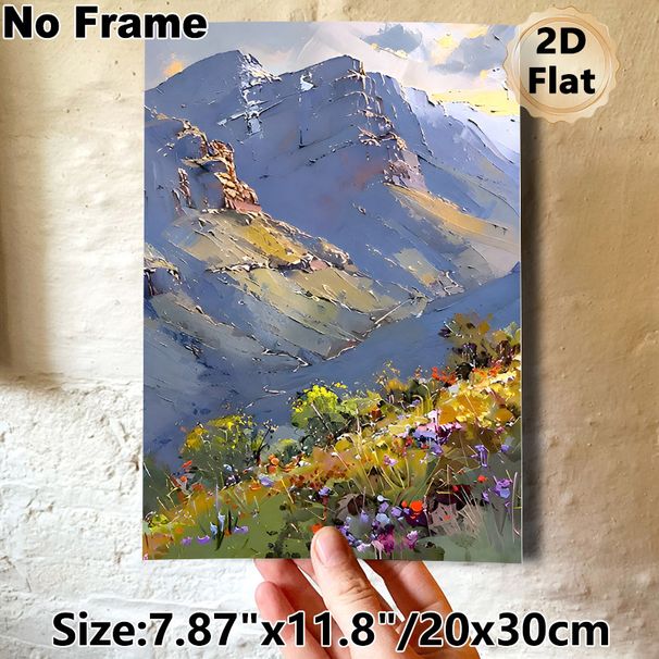 Mountain Wildflower Landscape Painting Poster, Textured Impasto Style Mountain & Colorful Wildflower Poster, Natural Scenery Decor Idea For Living_maomaolike.com