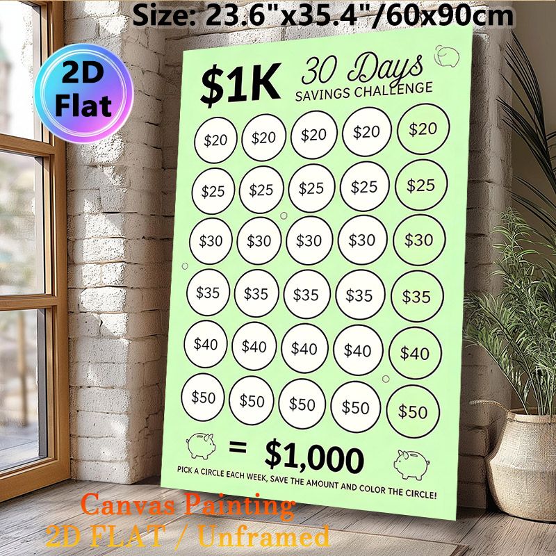 $1K 30 Days Savings Challenge Painting Poster, Light Green Minimalist Savings Tracker Poster, Practical Tool To Plan And Track Savings, Ideal For Home_maomaolike.com