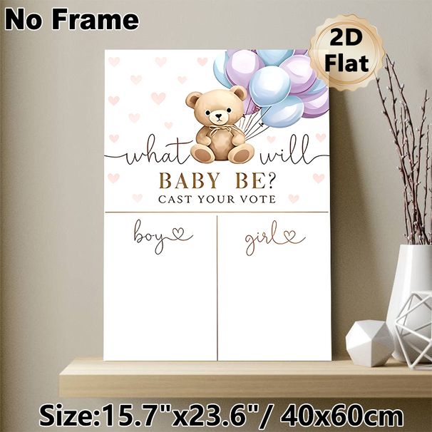 Gender Reveal Teddy Bear Painting Poster, Soft Watercolor Style Teddy Bear With Pastel Balloons & Hearts Poster, Ideal For Gender Reveal Voting_maomaolike.com