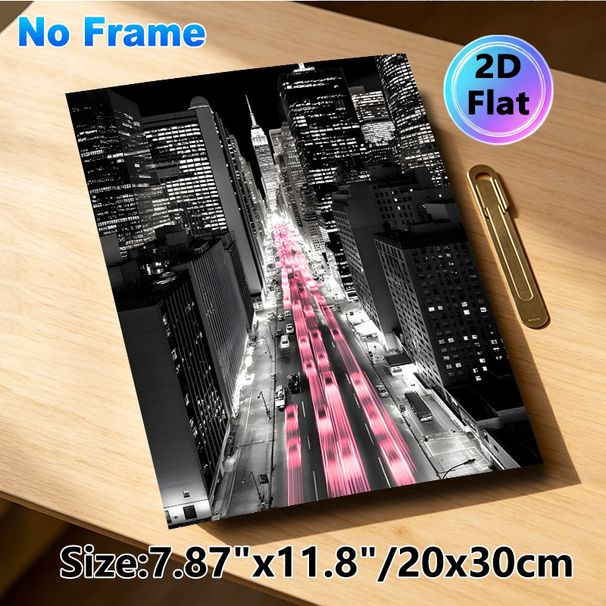 Urban Night Cityscape Painting Poster, Monochrome With Vivid Pink Light Trails Poster, Dynamic Downtown Night Scene With Skyscrapers, Brings Modern_maomaolike.com