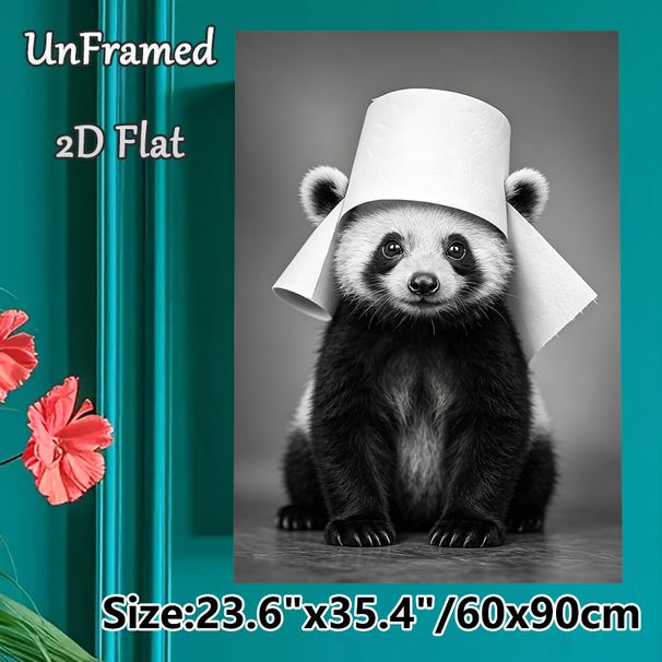 Red Panda Themed Painting Poster, Adorable Monochrome Playful Red Panda With Toilet Paper Roll Poster, Whimsical Animal Decor Ideal For Bathroom_maomaolike.com