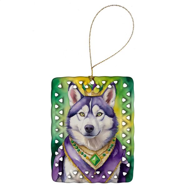 Siberian Husky King Of Mardi Gras Porcelain Ornament Christmas Tree Hanging Decorations For Home Christmas Holiday, Rectangle, Gift, Multicolor_maomaolike.com