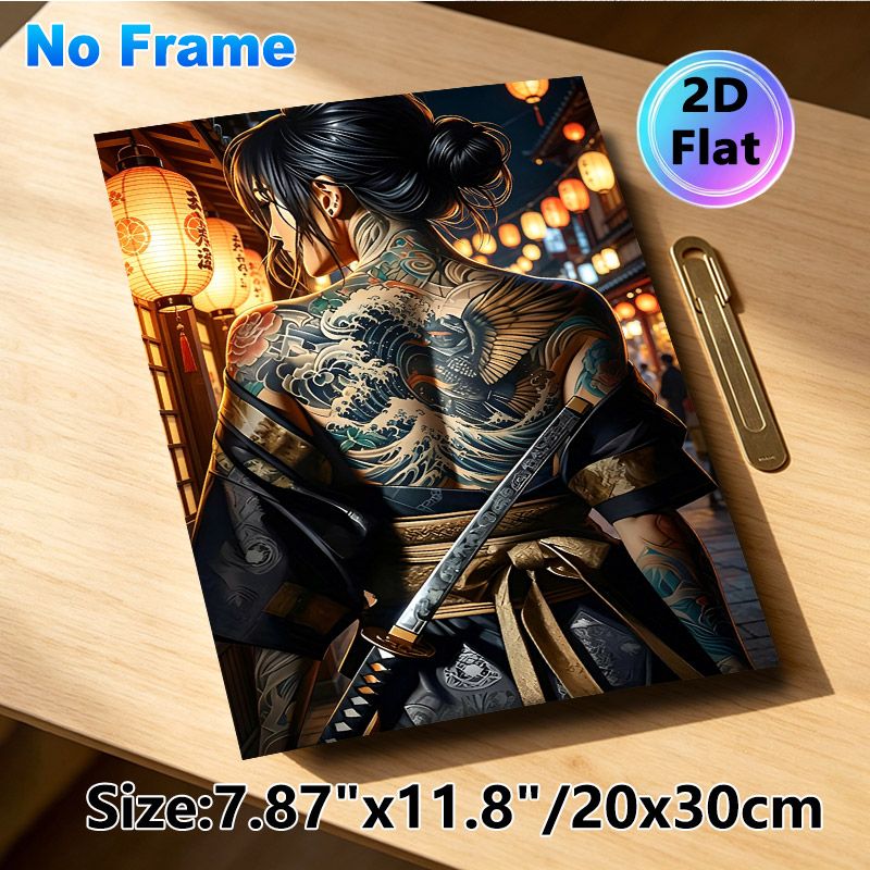 Japanese Samurai With Full Back Tattoo Painting Poster, Vivid Ukiyo-e Style Lantern-lit Alley Poster, Authentic Cultural Design, Ideal For Home_maomaolike.com