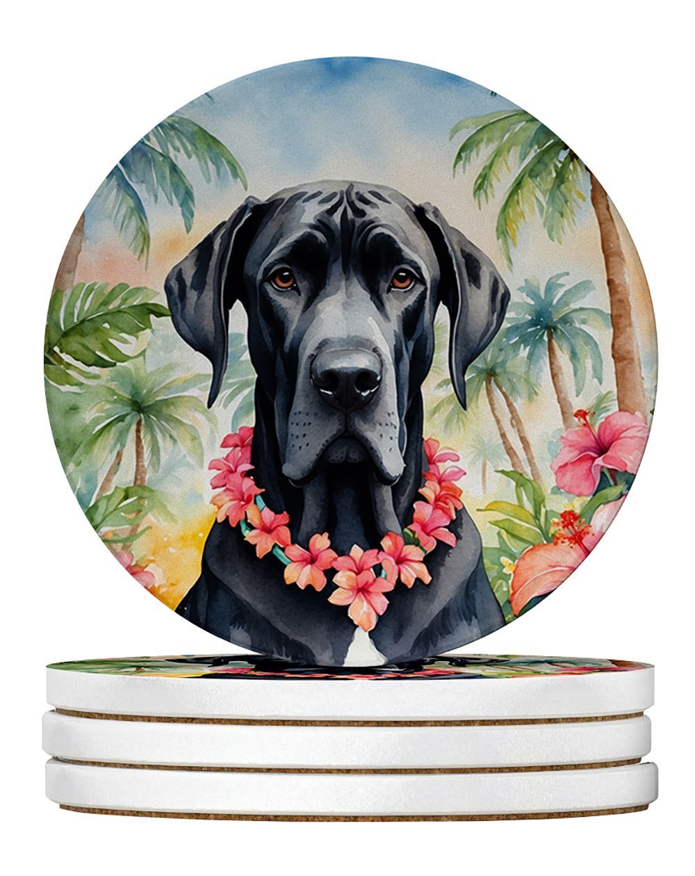Great Dane Luau Large Sandstone Coasters Pack Of 4 Absorbent Round Coasters Decor Gifts For Men Or Women, 4 In, Multicolor_maomaolike.com