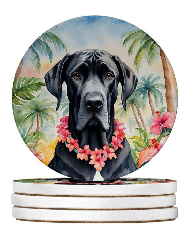 Great Dane Luau Large Sandstone Coasters Pack Of 4 Absorbent Round Coasters Decor Gifts For Men Or Women, 4 In, Multicolor_maomaolike.com