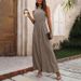 Women's clothing elastic waist high collar halter neck sleeveless floral wide-leg casual pants jumpsuit_maomaolike.com