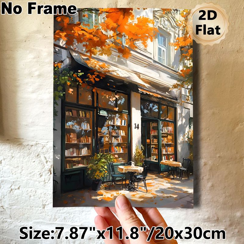 Autumn Bookstore Painting Poster, Warm-toned Impressionist-style Poster, Sunlit Street Bookstore With Orange Fall Foliage, Cozy Tranquil Decor Ideal_maomaolike.com
